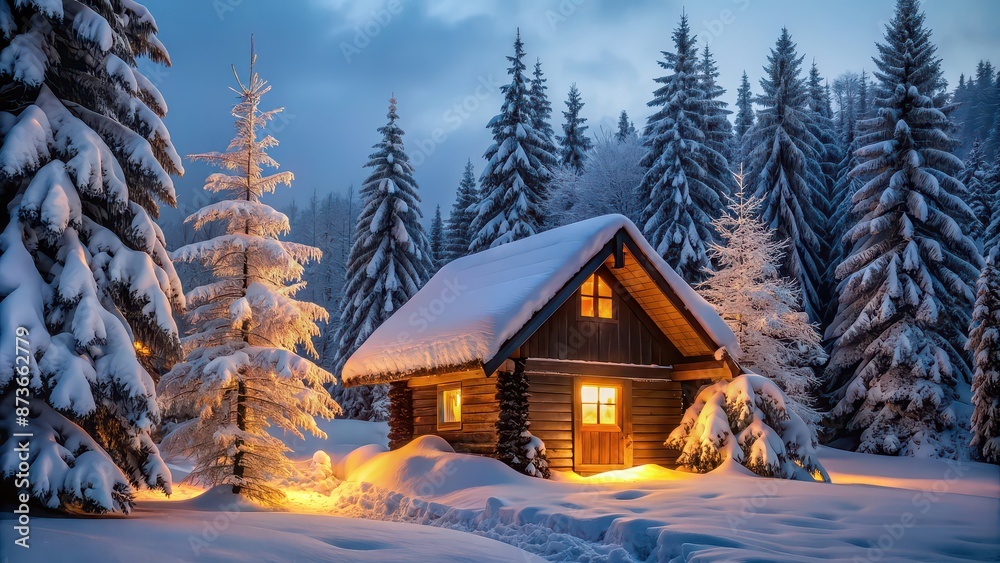 Winter Peace A cozy illuminated cabin surrounded by frosted trees , snow, winter, peace, cabin, illuminated, cozy, frost, trees Winter Peace A cozy illuminated cabin surrounded by frosted trees , snow, winter, peace, cabin, illuminated, cozy, frost, trees