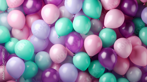 Colorful assortment of pastel balloons in pink, purple, and mint green, perfect for party decorations and festive celebrations.