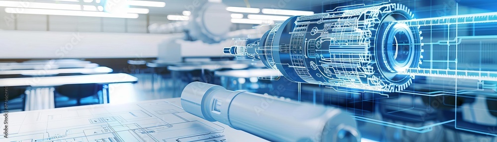 A holographic display of mechanical systems in a technical drawing class, Modern, Blue and White, Digital Art, Interactive mechanical education A holographic display of mechanical systems in a technical drawing class, Modern, Blue and White, Digital Art, Interactive mechanical education