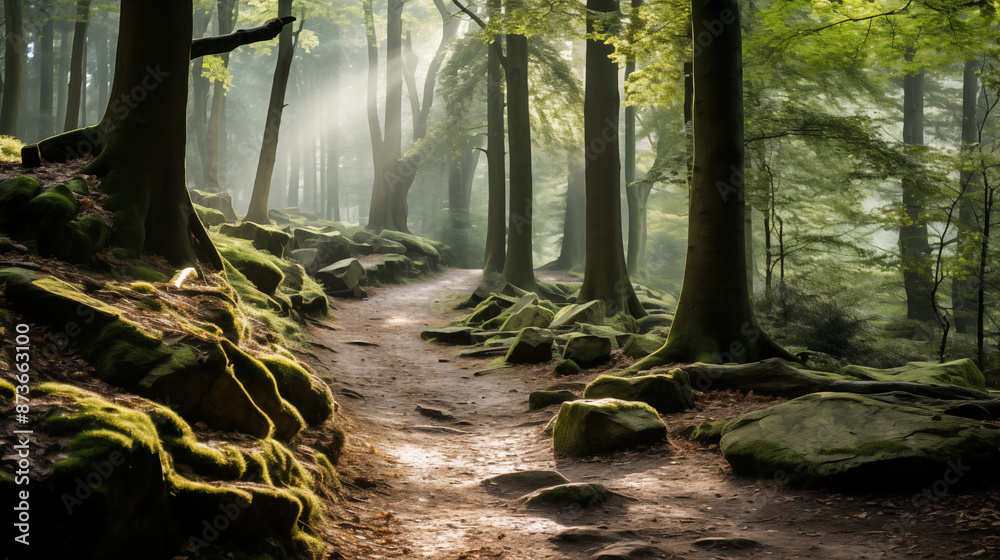 Obraz premium Hidden Light: Sun Rays Illuminate a Secret Forest Pathway
