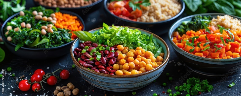 Colorful vegan bowls filled with a variety of fresh vegetables, grains, and legumes, showcasing a healthy and nutritious meal option. Colorful vegan bowls filled with a variety of fresh vegetables, grains, and legumes, showcasing a healthy and nutritious meal option.