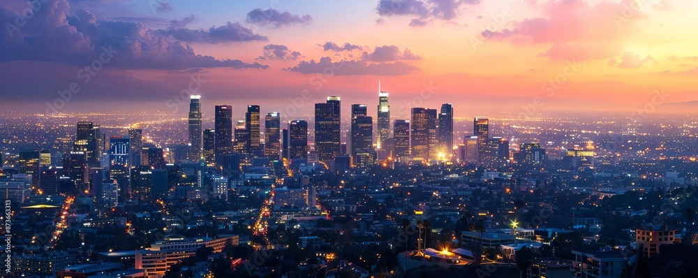 Fototapeta premium A city skyline at dusk with twinkling lights, Urban Banner, Evening Cityscape