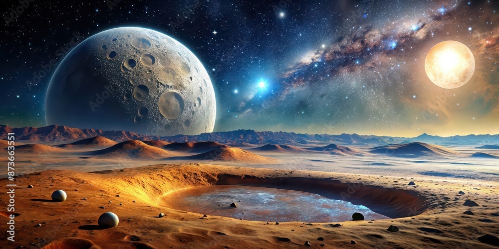 Alien planet with craters and moonscape landscape, extraterrestrial ...