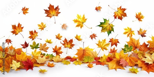 Autumn colored maple leaves falling in isolation, autumn, fall, foliage, orange, red, yellow, seasonal, nature, maple tree