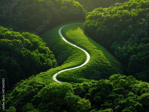 A winding road through a lush green forest, bathed in sunlight. The road leads to an unknown destination, symbolizing the journey of life.