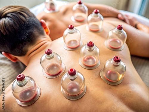 Close-up of cupping therapy tools, empty cups, and markings on the patient's back, revealing the process of suction and detoxification therapy.