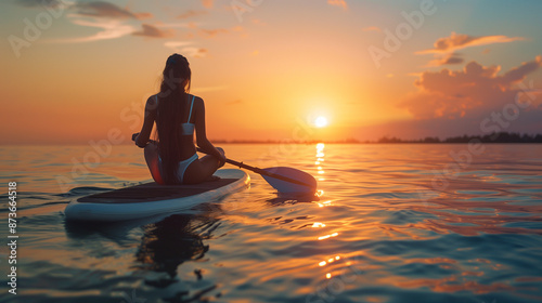 A beautiful young woman sitting on a stand-up paddleboard