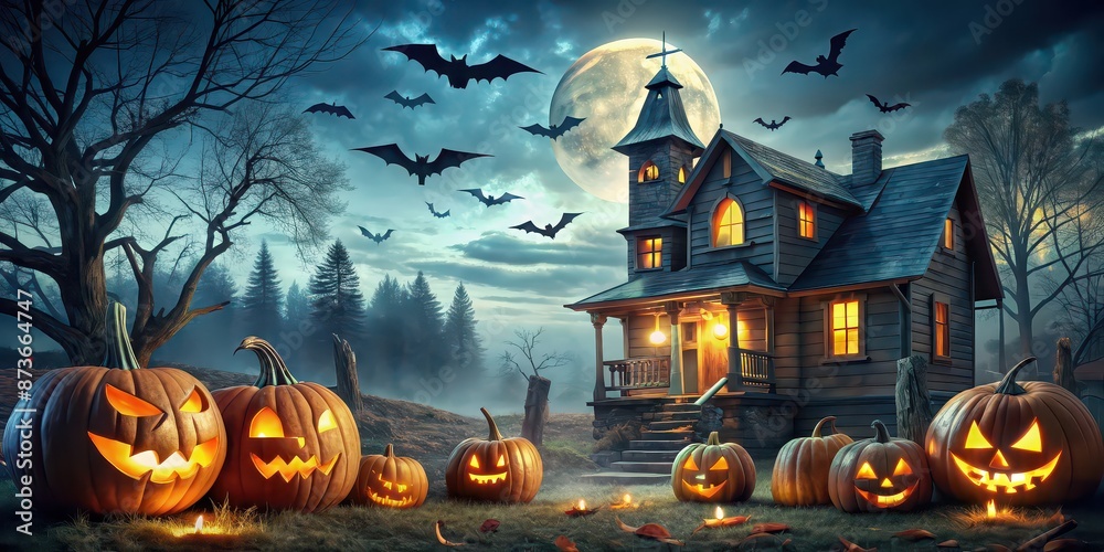 Fototapeta premium Spooky Halloween background featuring jack-o-lanterns, bats, and haunted house, Halloween, holiday, event