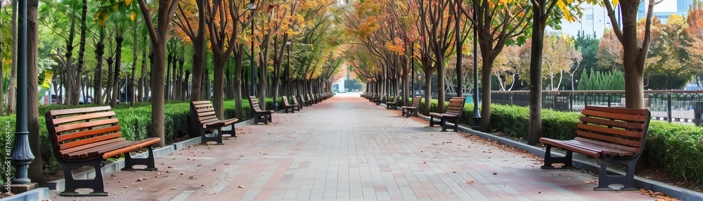 Fototapeta premium A pedestrian walkway lined with trees and benches, Urban Banner, Urban Stroll