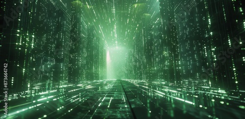 Digital Green Corridor of Binary Code With Bright Light at the End
