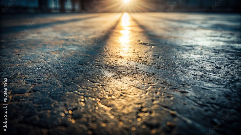 High-contrast close-up of rough, dark graphite concrete floor illuminated by a single sun ray, revealing intricate textures and imperfections on the grungy surface.
