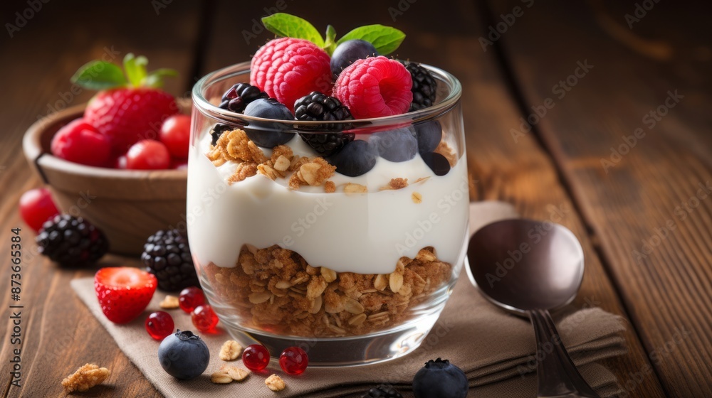 Healthy breakfast: fresh yogurt with crunchy granola and mixed berries, top view. Nutritious morning meal featuring creamy yogurt, sweet blueberries, juicy strawberries, and raspberries with a sprinkl Healthy breakfast: fresh yogurt with crunchy granola and mixed berries, top view. Nutritious morning meal featuring creamy yogurt, sweet blueberries, juicy strawberries, and raspberries with a sprinkl