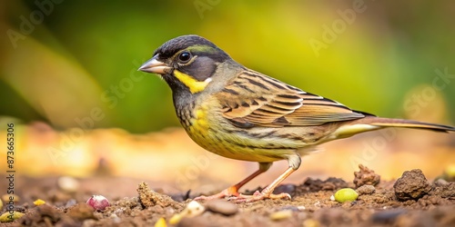 Black-faced bunting bird foraging on the ground, black-faced bunting, Emberiza spodocephala, bird, foraging, ground photo