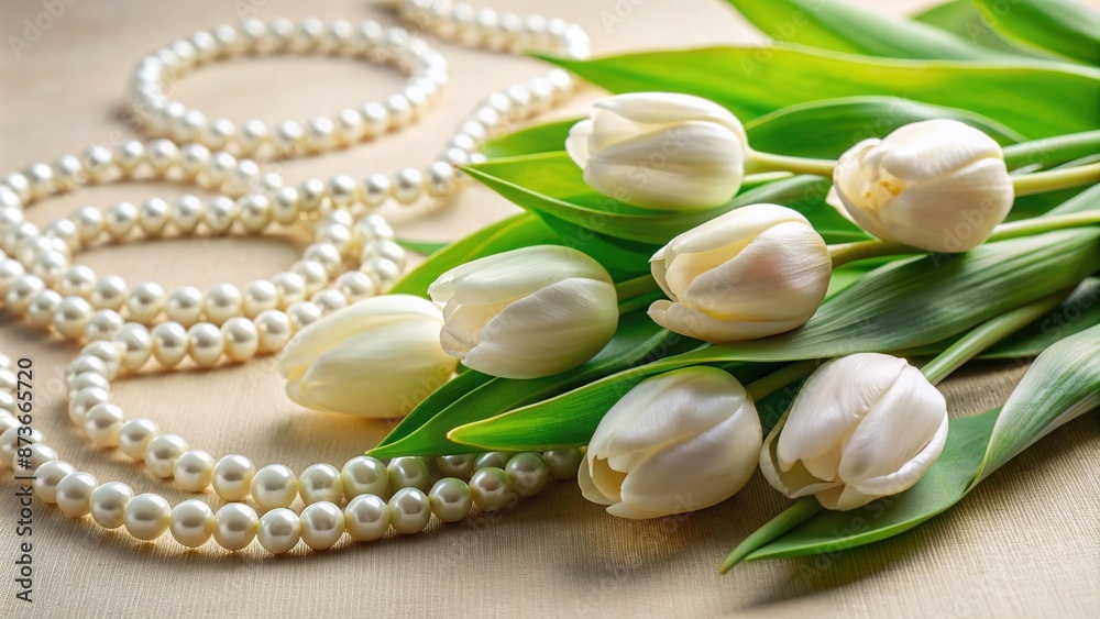 Delicate white tulips surrounded by lush green leaves and stems are beautifully arranged next to a elegant pearl necklace on a soft, creamy background. Delicate white tulips surrounded by lush green leaves and stems are beautifully arranged next to a elegant pearl necklace on a soft, creamy background.