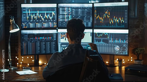 Stock and Financial Analyst Monitoring Market Data on Multiple Screens in Modern Office