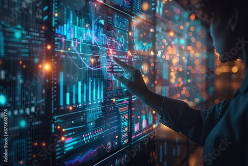 Stock and Financial Analyst Working with Data on Digital Screens in a Modern Office Environment