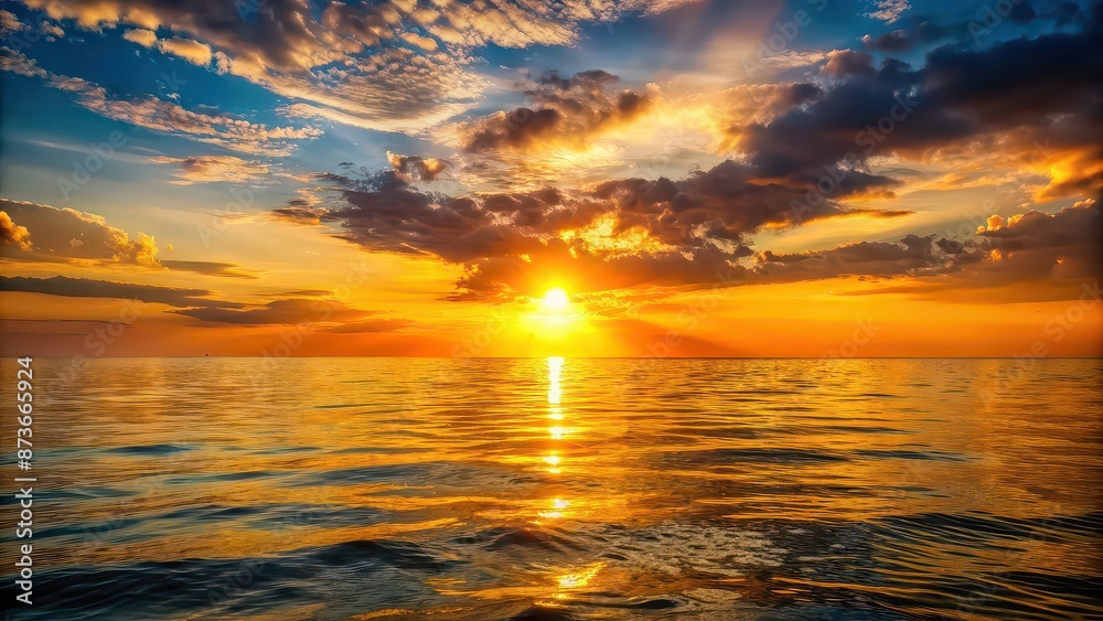 Fototapeta premium Sunset casting a golden glow over the calm sea, sunset, sea, dusk, horizon, tranquil, peaceful, ocean, waves, reflection, golden