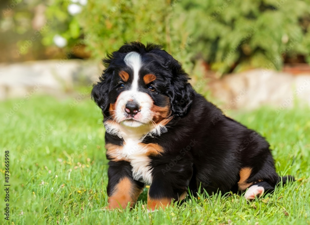 puppy Bernese Mountain dog in garden , generated by AI. High quality photo puppy Bernese Mountain dog in garden , generated by AI. High quality photo