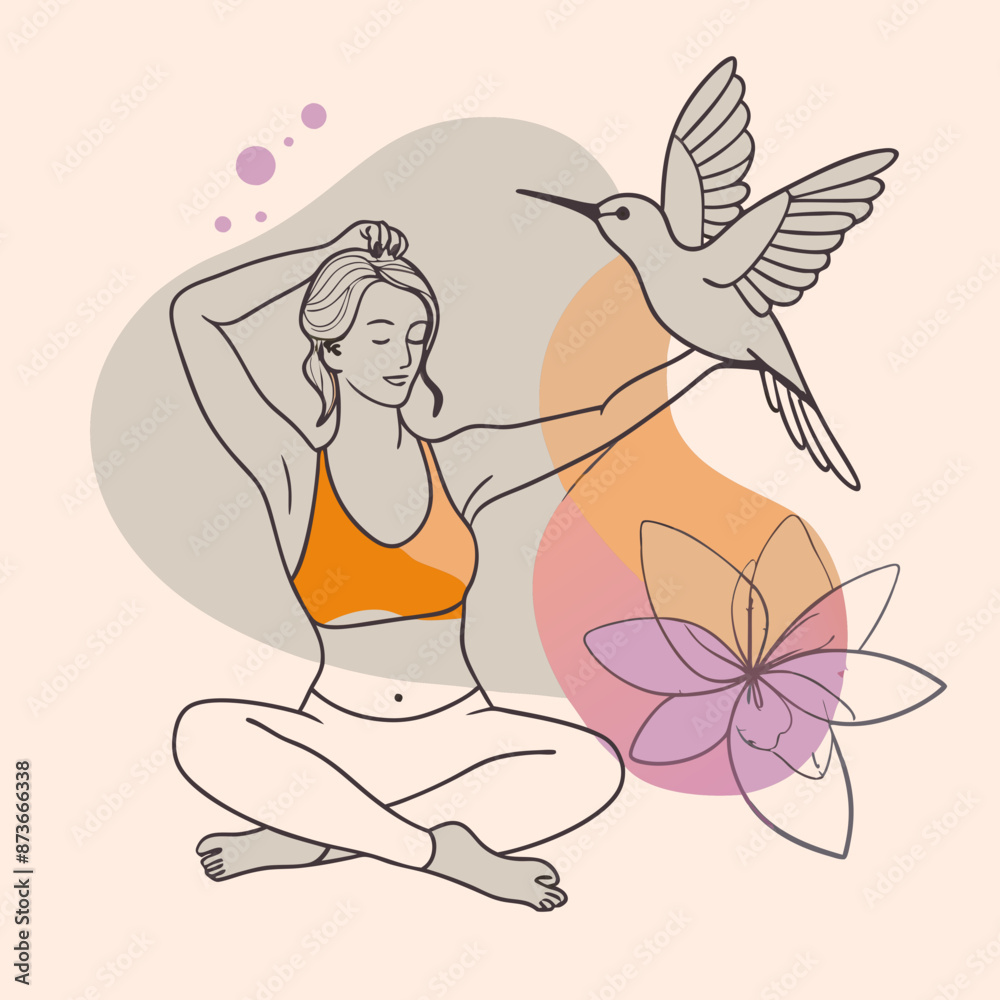 Mujer haciendo yoga con un colibri volando vector illustration Mujer haciendo yoga con un colibri volando vector illustration