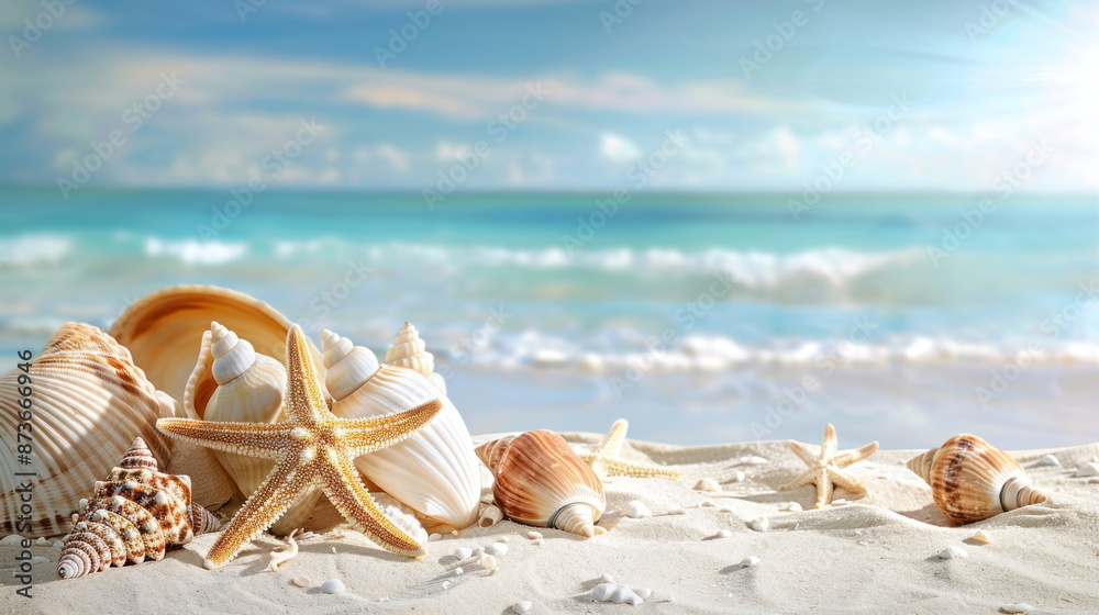 many shells and starfish on white sand with beautiful ocean background many shells and starfish on white sand with beautiful ocean background