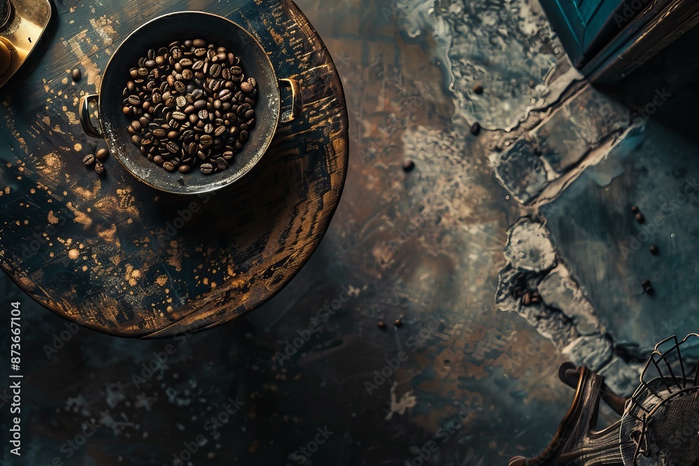 Artistic view of whole coffee beans in a metal cup with grinder on a weathered surface Artistic view of whole coffee beans in a metal cup with grinder on a weathered surface