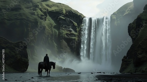 A man confidently rides a horse in front of a stunning waterfall.  