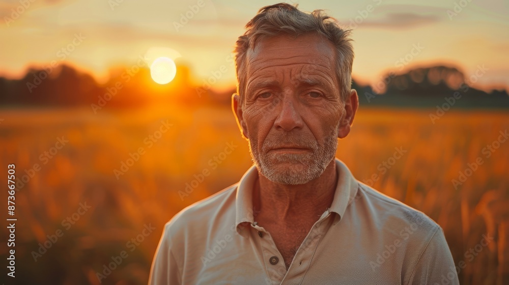 A 40 year old man wearing a beige Polo shirt is facing the camera with a beautiful sunset in the background. High resolution realistic images with dynamic and cinematic lighting effects A 40 year old man wearing a beige Polo shirt is facing the camera with a beautiful sunset in the background. High resolution realistic images with dynamic and cinematic lighting effects