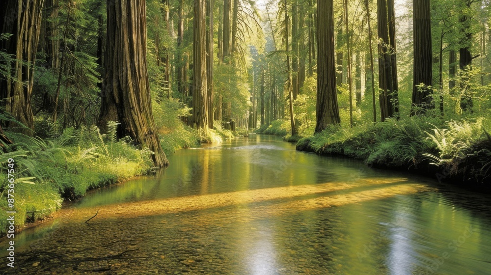 Fototapeta premium A tranquil forest scene featuring towering redwood trees with sunlight streaming through the dense canopy casting dappled shadows on a crystalclear stream that winds through the mossy undergrowth