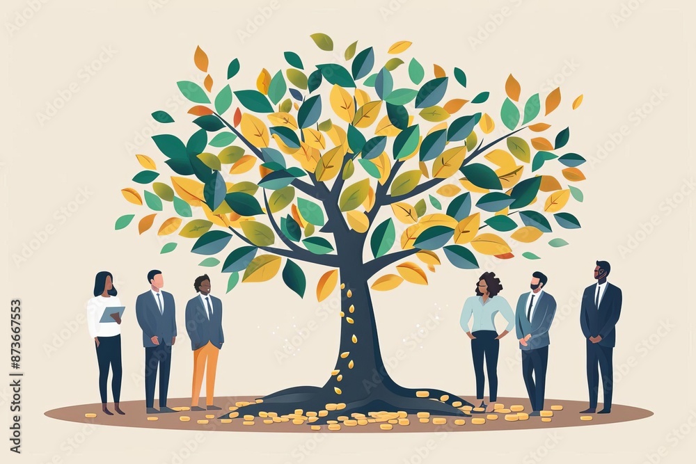 Diverse business team standing around a money tree symbolizing financial growth, teamwork, and investment opportunities. Diverse business team standing around a money tree symbolizing financial growth, teamwork, and investment opportunities.