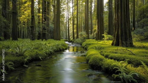 A tranquil forest scene featuring towering redwood trees with sunlight streaming through the dense canopy casting dappled shadows on a crystalclear stream that winds through the mossy undergrowth © Aleksandra