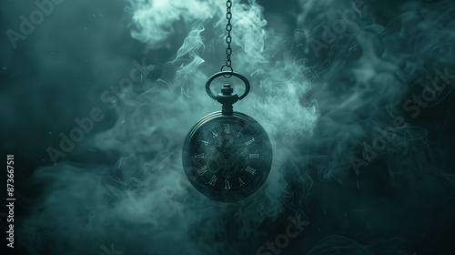 Illustration of a pocket clock with a chain hanging from it, covered in a thin layer of smoke in the air. 