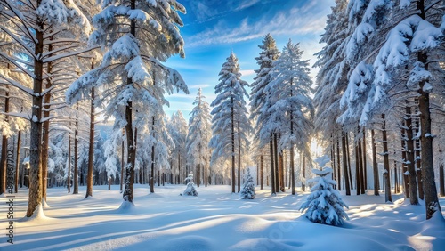 Snow covered trees in a winter forest, snow, covered, trees, winter, forest, cold, white, landscape, nature, environment