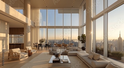 The luxury penthouse living room in the Aman Soleggent hotel in New York has stunning views of the Manhattan skyline through all glass windows.  photo