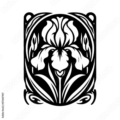 Irises flower in decorative emblem ornament, Victorian, art deco, art nouveau, boho, bohemian,  folk, flourish