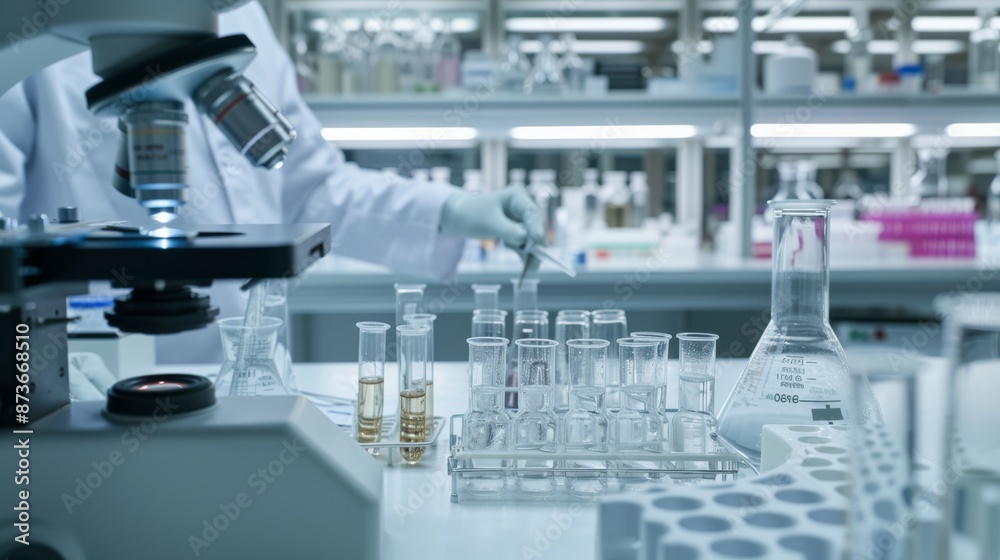 A dedicated scientist in a pristine lab coat meticulously examining slides under a highpowered microscope surrounded by test tubes beakers and a variety of scientific equipment in a stateoftheart labo A dedicated scientist in a pristine lab coat meticulously examining slides under a highpowered microscope surrounded by test tubes beakers and a variety of scientific equipment in a stateoftheart labo