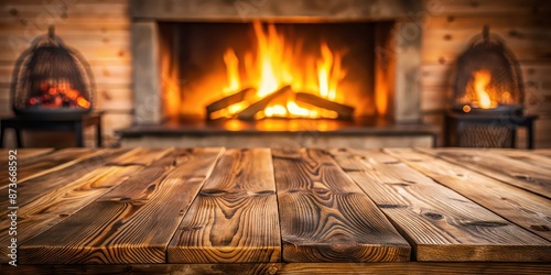 Empty wooden surface with blurred fireplace in the background for montage, wooden, surface, empty, blurred, fireplace, background © Sujid
