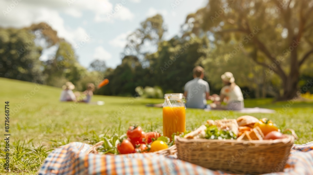 A cheerful family enjoying a sunny afternoon picnic in a picturesque park with children playing frisbee parents laughing and chatting and a picnic blanket spread with an array of delicious homemade di A cheerful family enjoying a sunny afternoon picnic in a picturesque park with children playing frisbee parents laughing and chatting and a picnic blanket spread with an array of delicious homemade di