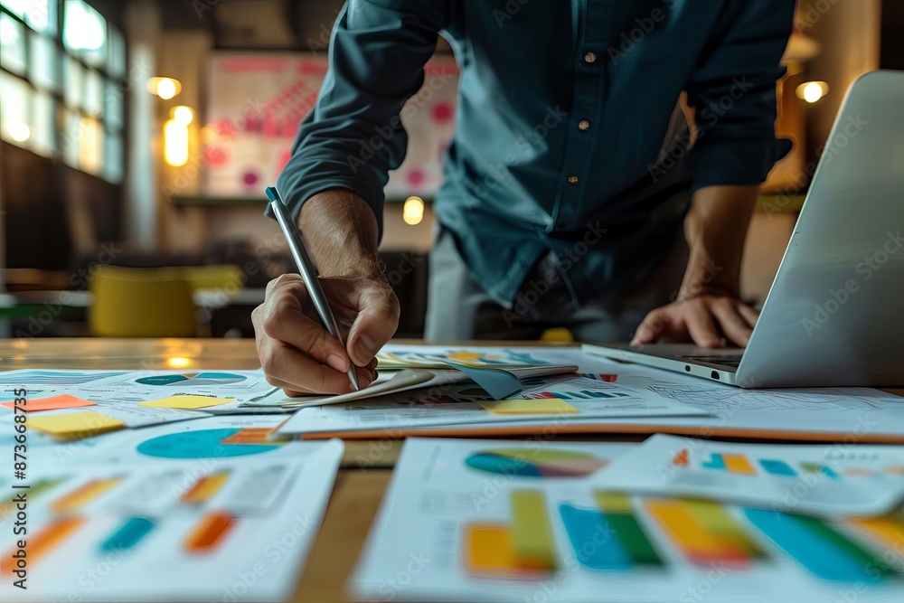 Entrepreneurs developing a business plan, charts and graphs, focused and determined, realistic Entrepreneurs developing a business plan, charts and graphs, focused and determined, realistic