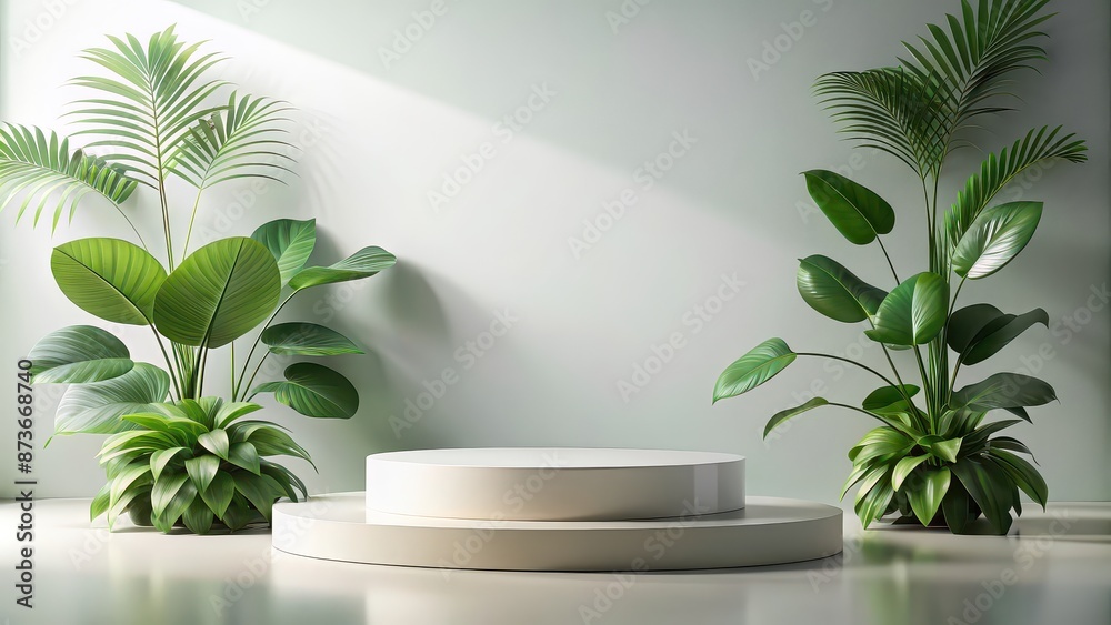 Modern product display podium with green leaves , isolated, empty, presentation, showcase, elegant, design, minimalist, simple Modern product display podium with green leaves , isolated, empty, presentation, showcase, elegant, design, minimalist, simple