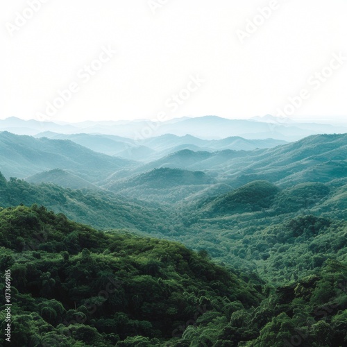 Tranquil Mountain Peak Vista with Clear Sky and Lush Vegetation, Isolated on White Background for Copy Space