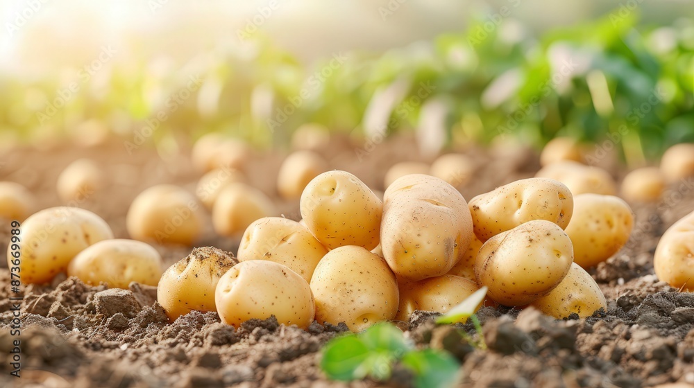 Freshly harvested potatoes lying in a sunny garden field with green plants in the background, perfect for agricultural and organic food concepts. Freshly harvested potatoes lying in a sunny garden field with green plants in the background, perfect for agricultural and organic food concepts.
