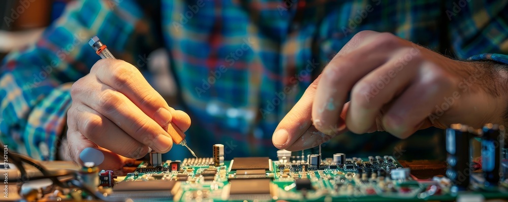 Inventor working on a futuristic circuit, invention circuit, cuttingedge electronics development Inventor working on a futuristic circuit, invention circuit, cuttingedge electronics development