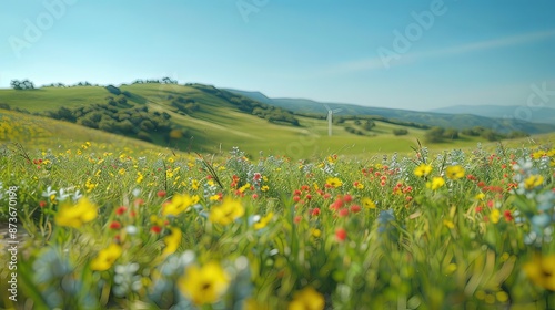 Sustainable Energy Farm with Wind Turbines in Blooming Meadow on a Sunny Day