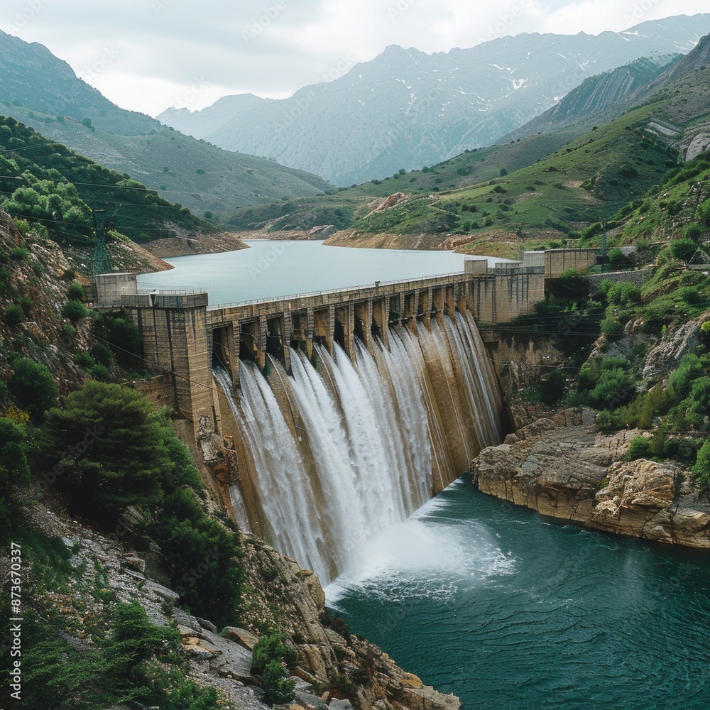 Majestic Dam showcasing the Blend of Nature and Engineering, Water Cascading Over Edge in Mountainous Landscape - Isolated on White Background with Copy Space Majestic Dam showcasing the Blend of Nature and Engineering, Water Cascading Over Edge in Mountainous Landscape - Isolated on White Background with Copy Space
