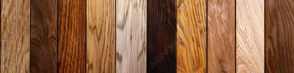 Naklejka premium Collection of Oak Wood Samples Showcasing Grain Patterns from Classic Golden to Dark Oak, Ideal for Furniture and Flooring, Clean Background, Building Materials, AI-Generated High-Resolution Wallpaper