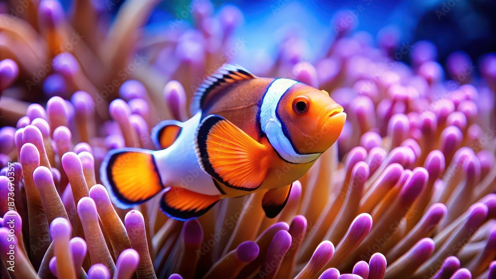 Vibrant close-up of a clown fish swimming among anemone , marine life, underwater, coral reef Vibrant close-up of a clown fish swimming among anemone , marine life, underwater, coral reef