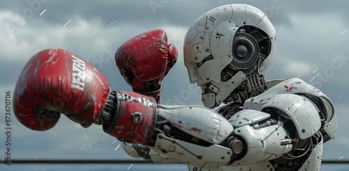 A White Robot Wearing Red Boxing Gloves Prepares to Throw a Punch