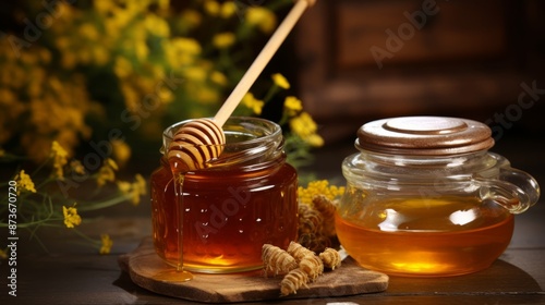 Rustic oak table with honey dipper and hot herb tea in background: cozy scene featuring fresh honey and relaxing herbal tea setup, ideal for autumn wellness and comfort concepts 