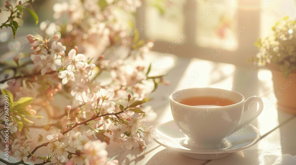 traditional English tea and breakfast served in a luxurious porcelain crockery tea cup, against the backdrop of a sunny landscape and blooming flowers. traditional English tea and breakfast served in a luxurious porcelain crockery tea cup, against the backdrop of a sunny landscape and blooming flowers.