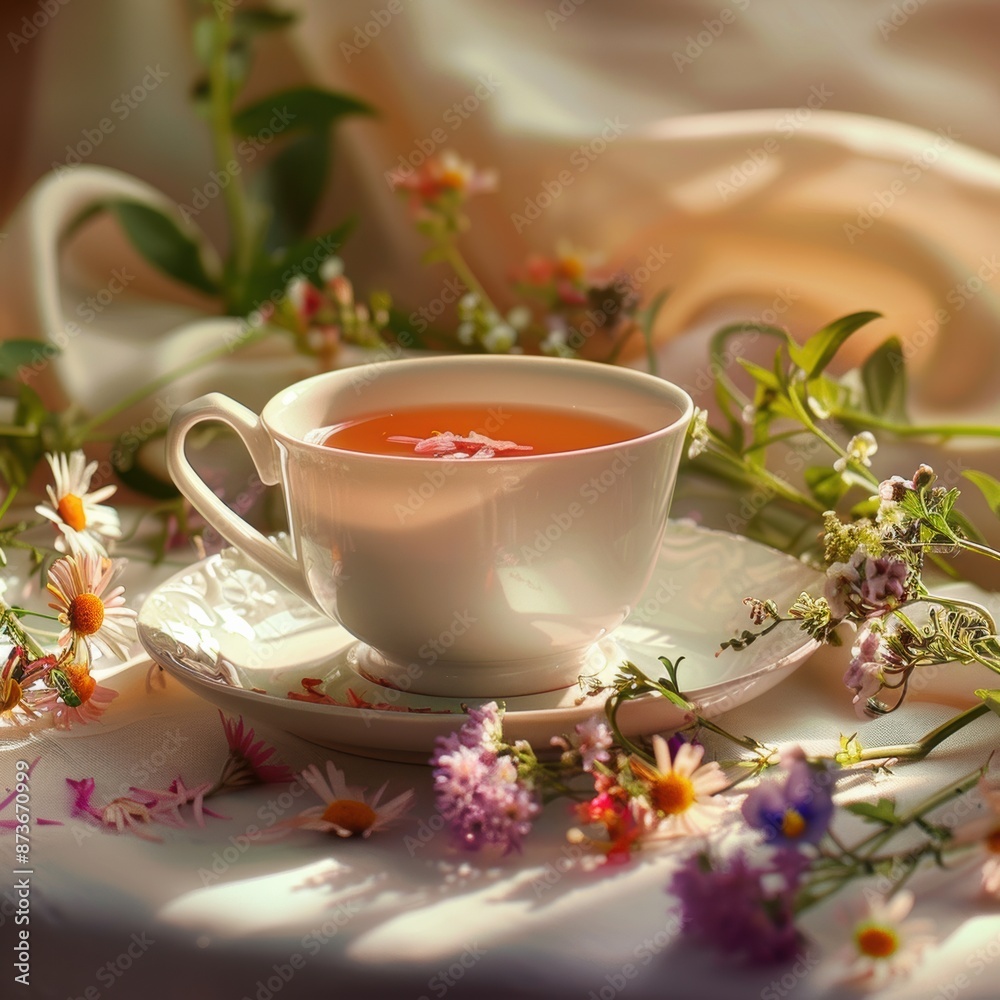 traditional English tea and breakfast served in a luxurious porcelain crockery tea cup, against the backdrop of a sunny landscape and blooming flowers. traditional English tea and breakfast served in a luxurious porcelain crockery tea cup, against the backdrop of a sunny landscape and blooming flowers.